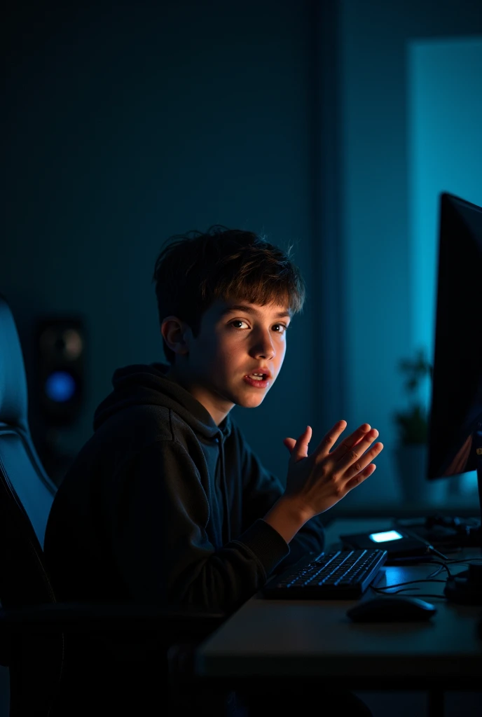 Boy sitting in a youtube studio all alone , creating a youtube video Looking forward to the camera as he speaks dark studio.