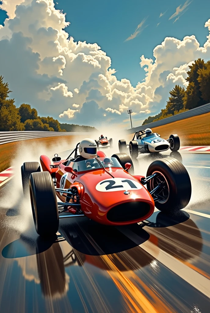 racing cars, by Drew Struzan, best quality, masterpiece, very aesthetic, perfect composition, intricate details, ultra-detailed