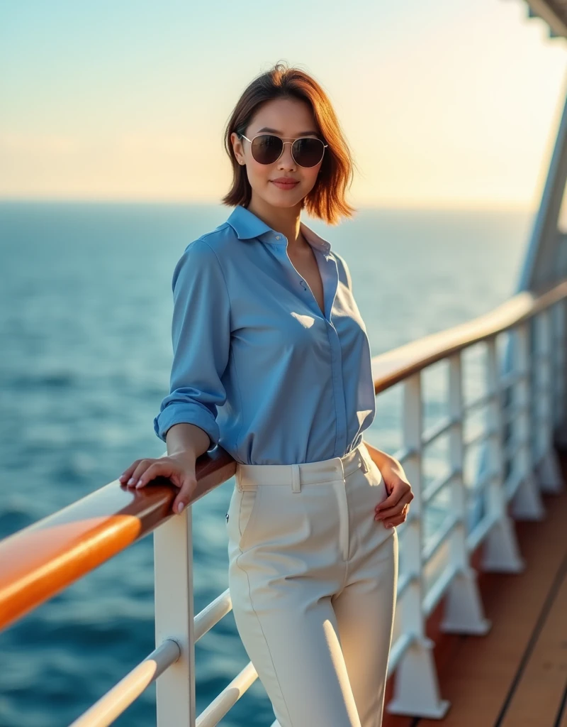 (((wide shot, full body, beautiful 35 year old desirable asian woman with distinguished features posing next to the railing on a cruise ship at sunrise))), ( sunglasses stylish blue shirt, white pants, loafers), (light brown short hair, clean face, intriguing brown eyes), muscular build, medium height, seductive smile with a flirty smile, detailed depiction of facial features, perfectly symmetrical face, bright outdoor sunrise lighting masterfully accentuates her excellent features blue atmosphere