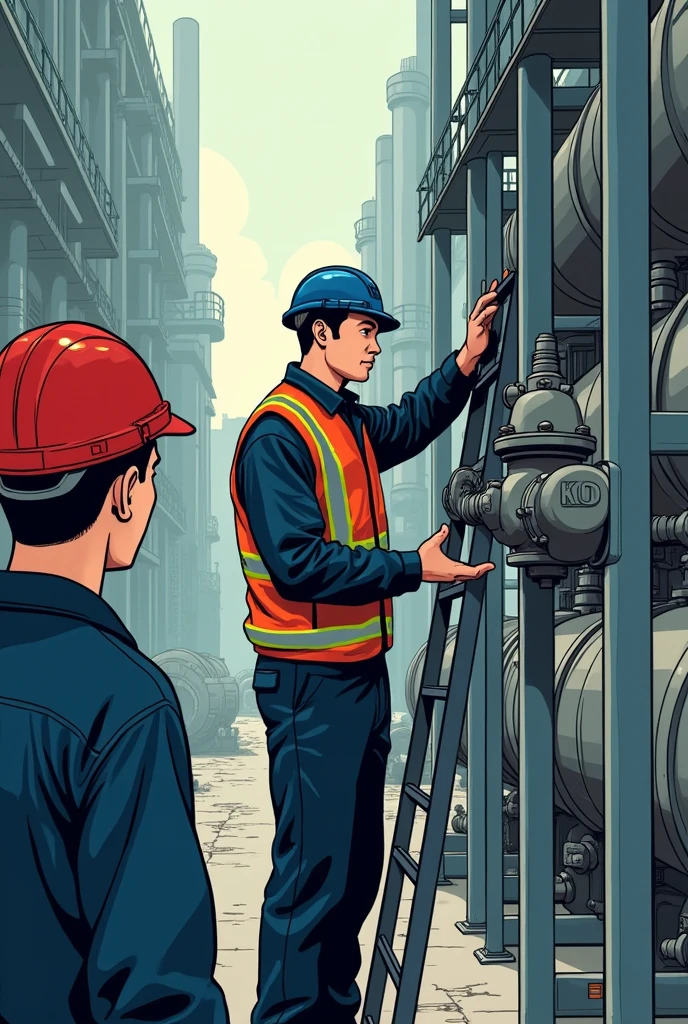 Create a comic:A Chinese supervisor wearing a red hard hat,Supervising a Chinese worker wearing a blue hard hat,This worker is wearing a safety belt and changing a valve on a ladder.