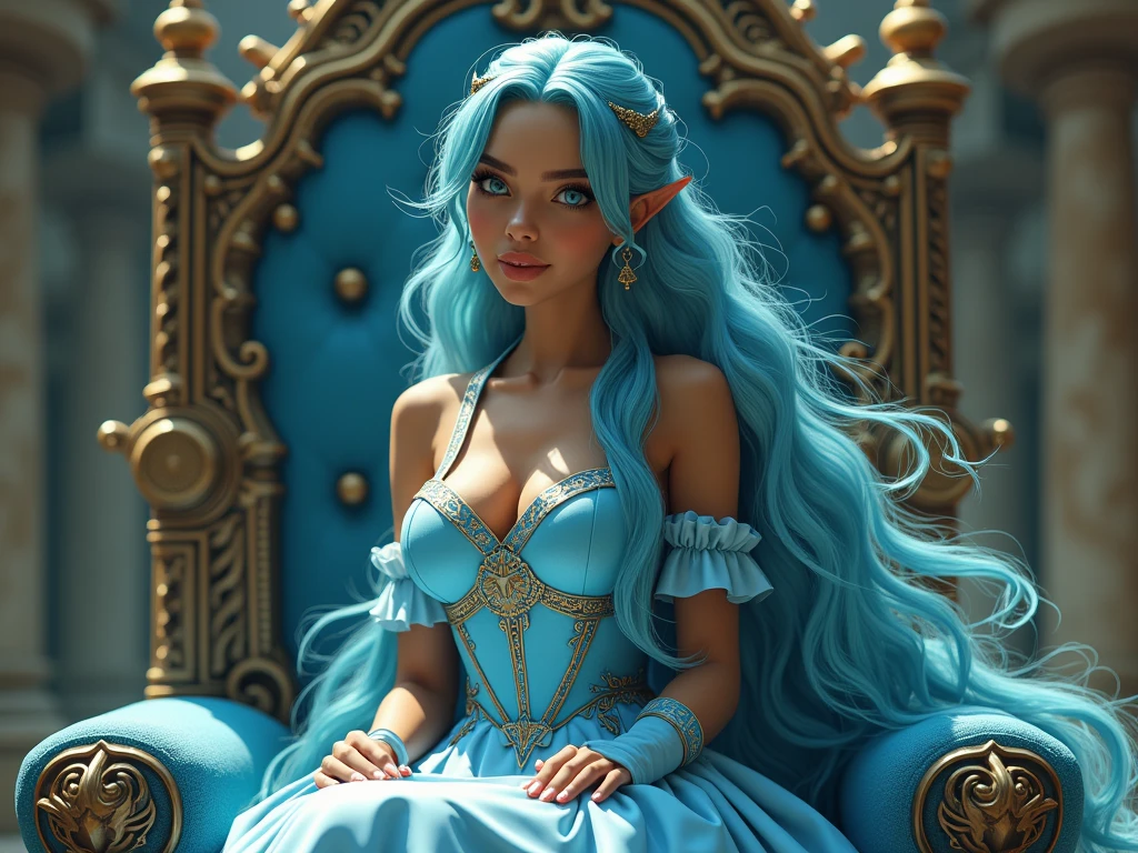 beautiful biracial latina woman, long light blue hair, light blue eyes,large breasts, wear zelda cosplay dress, in a hyrule castle, sit a throne with hyria shield , extremely detailed full body ,Résolution Haute, 