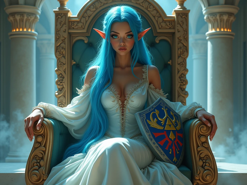 beautiful biracial latina woman, long light blue hair, light blue eyes,large breasts, wear zelda cosplay dress, in a hyrule castle, sit a throne with hyria shield , extremely detailed full body ,Résolution Haute, 