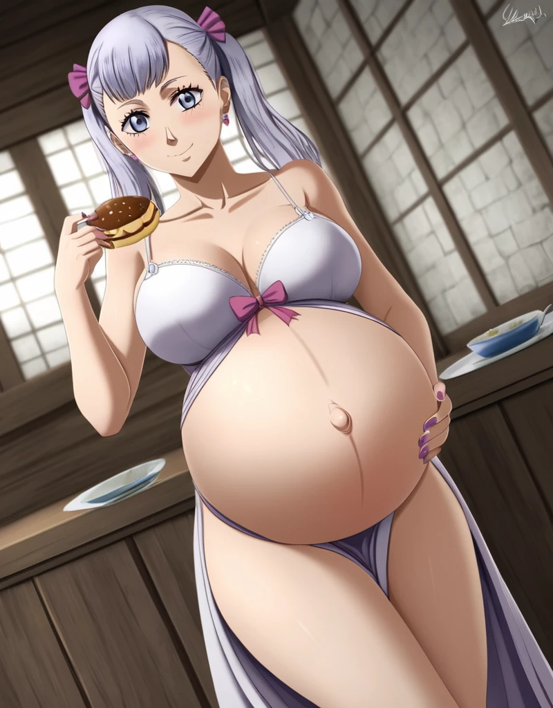 noelle_blackclover, Noelle Silva, Black Clover, long silver hair, waist-length hair, half-up half-down hairstyle, ribbon, side-parted bangs, almond-shaped blue eyes, high-quality, ultra-detailed, beast quality, 8K resolution,
looking at viewer, dutch angle, cowboy shot, smile, pregnant belly, large belly, big belly, big Breasts, eating,
1girl,solo, indoors, happy, Smiling, rub belly,
full body, Nail polish, Earrings,