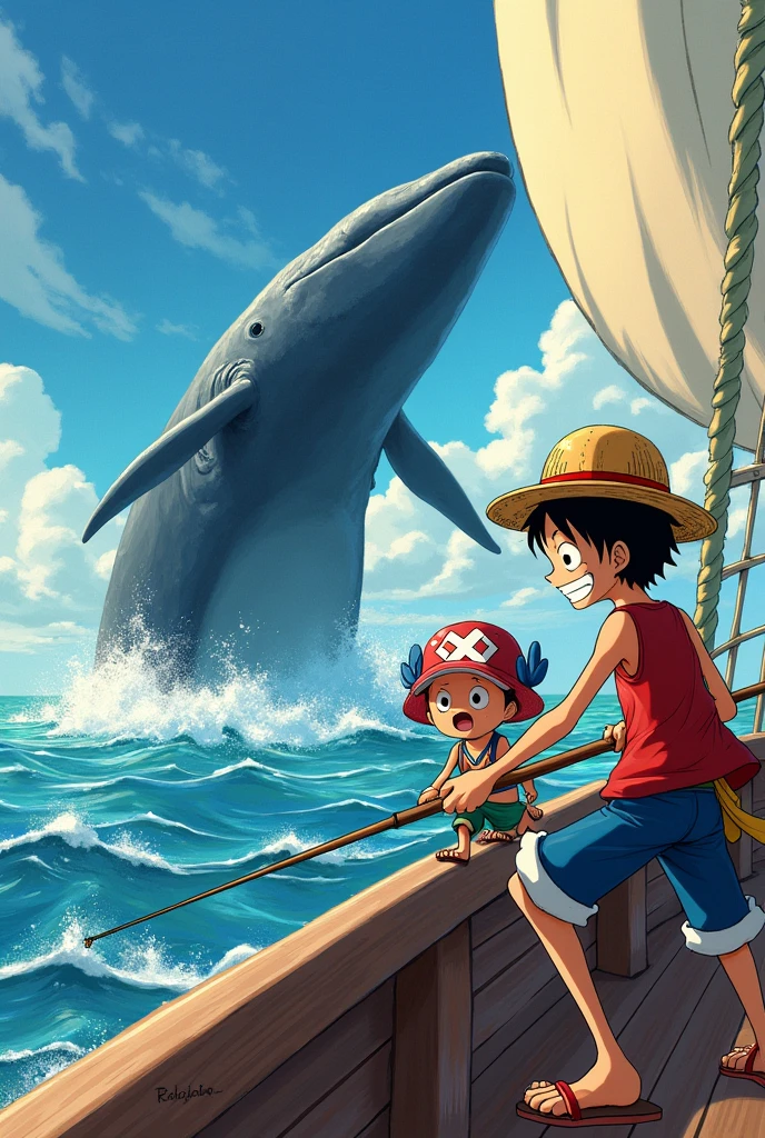 one piece luffy and chopper fishing on a ship, a giant whale getting fished out of the water, vibrant color, warm lighting, sunshine, sea waves, water splash