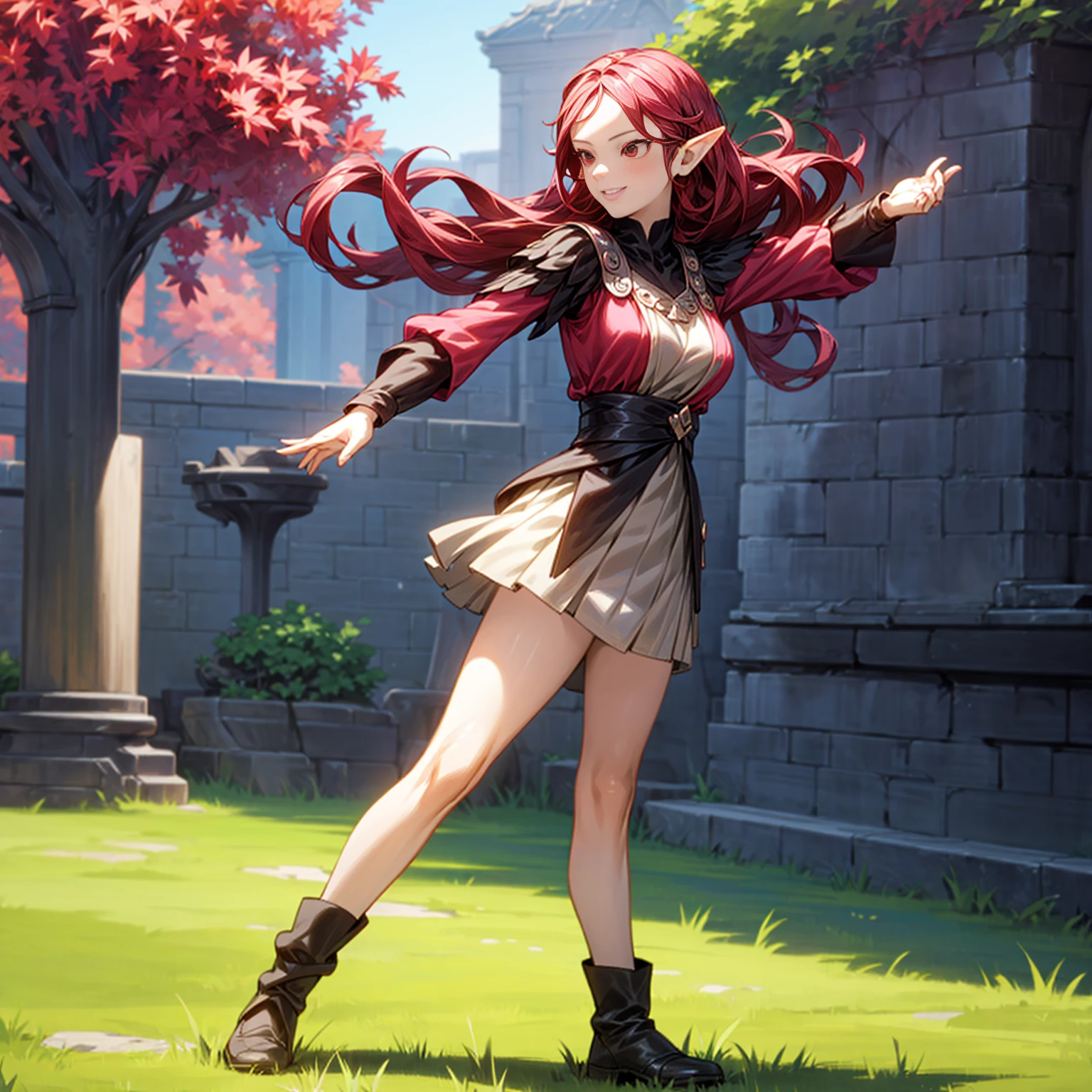 Solo character, full body version, young girl, (elf), red eyes, red color hair, long hair, pink shirt clothing, brown skirt, shoes, outdoor, village, medieval, standing gesture, detailed background, detailed clothing, detailed hair, (black clover style art), smile mouth, big breast