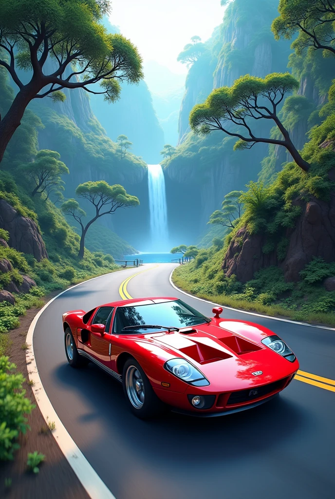 A red car driving in road with blue tree and water fall
