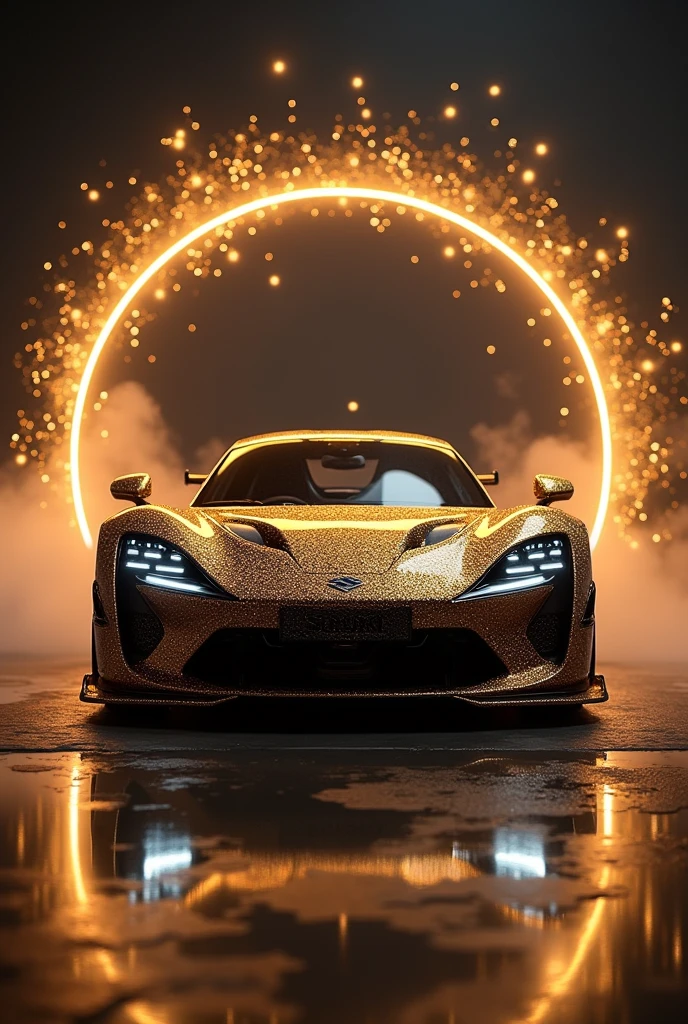 Sports car with realistic glitter paint coming out of a stylish gold circular frame, with flashes of golden lights around, and the title “Suzuki” at the bottom