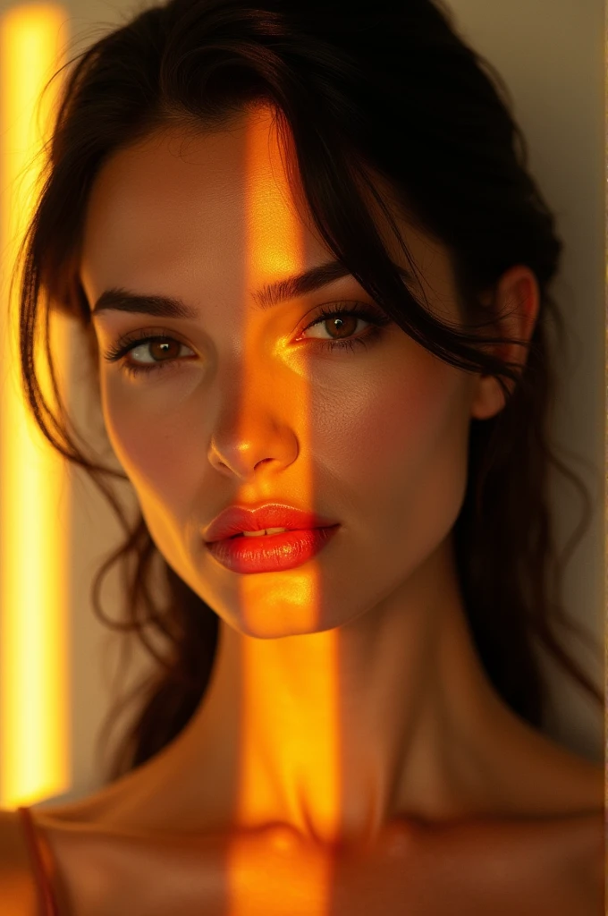 beautiful woman, good resolution, slick hair, warm sunlight, brown eyes, high contrast, realisti,