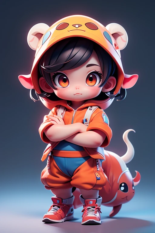 Create a picture of a little calf monster., The image should be sharp and detailed, with beautiful colors. With arms, leg, eyes, mouth, พื้นหลังสีlegว