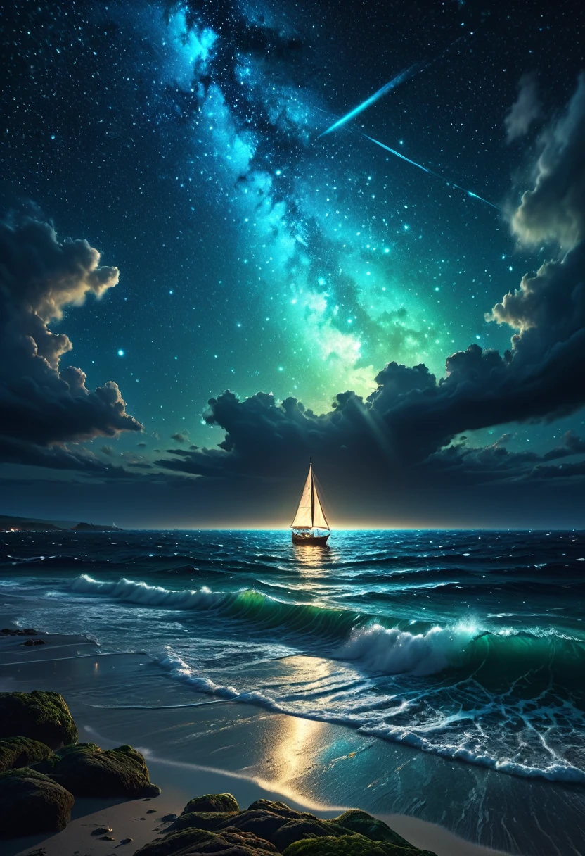 a beautiful night sky full of glowing stars, a glimmering sea with crashing waves, bioluminescent plankton, a lone sailing ship in the distance, fantasy, surreal, dreamlike, dramatic shadows, (best quality,4k,8k,highres,masterpiece:1.2),ultra-detailed,(realistic,photorealistic,photo-realistic:1.37),fantasy landscape,dramatic lighting,vibrant colors,ethereal,atmospheric
