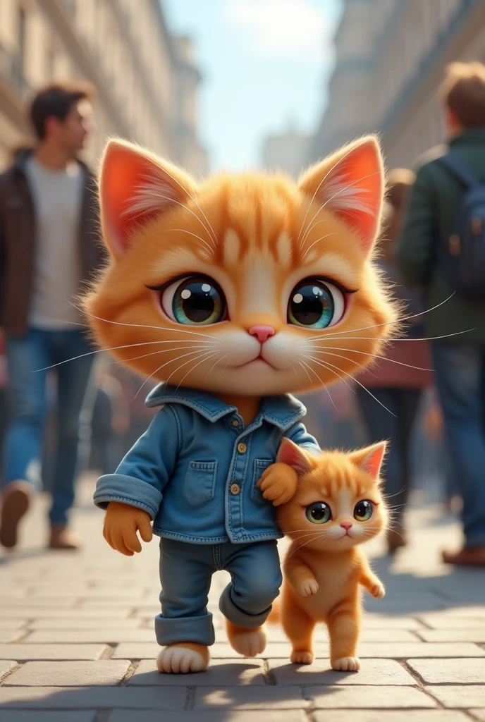 Generate an image of a cat wearing a blue shirt and jeans pant , the cat is cute and ginger in colour , the cat has huge sparkling eyes , the cat is walking with his cat mom in public and many people are behind them , they are walking on the side of a footpath. The cat is walking just like a human and mom cat also