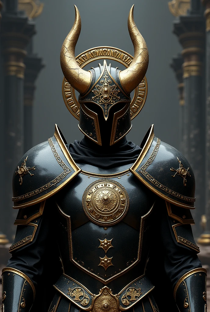 A foreboding armored figure with glossy black carapace-like plates accented with elegant gold trims dominates the composition, its helmet boasts a striking gold-adorned circular crest, with two prominent thick horns, and intricate symbols are etched in a halo-like formation above the crest, all set against a backdrop of dark towering structures,