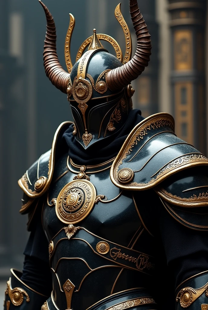 A foreboding armored figure with glossy black carapace-like plates accented with elegant gold trims dominates the composition, its helmet boasts a striking gold-adorned circular crest, with two prominent thick horns, and intricate symbols are etched in a halo-like formation above the crest, all set against a backdrop of dark towering structures,