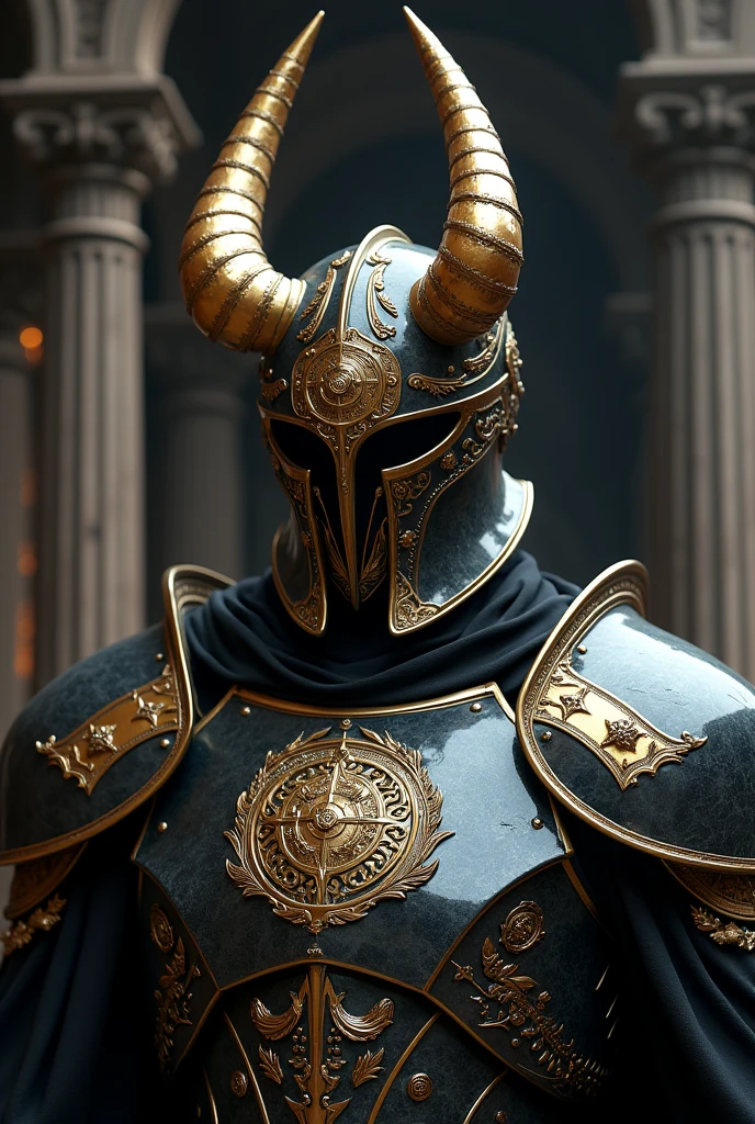 A foreboding armored figure with glossy black carapace-like plates accented with elegant gold trims dominates the composition, its helmet boasts a striking gold-adorned circular crest, with two prominent thick horns, and intricate symbols are etched in a halo-like formation above the crest, all set against a backdrop of dark towering structures, 