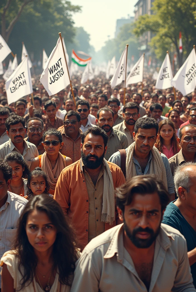 Make a image of all Indians like celebrities, youtubers, normal peoples ,politicians , animals, kids, girls ,boys and women's, mens and all the religions in one frame also walking with banner with angry mode holding with flags and banners make sure there have no National flag or its colour and make all of white flags with writing banners " we want Justice fr R.G.Kar"