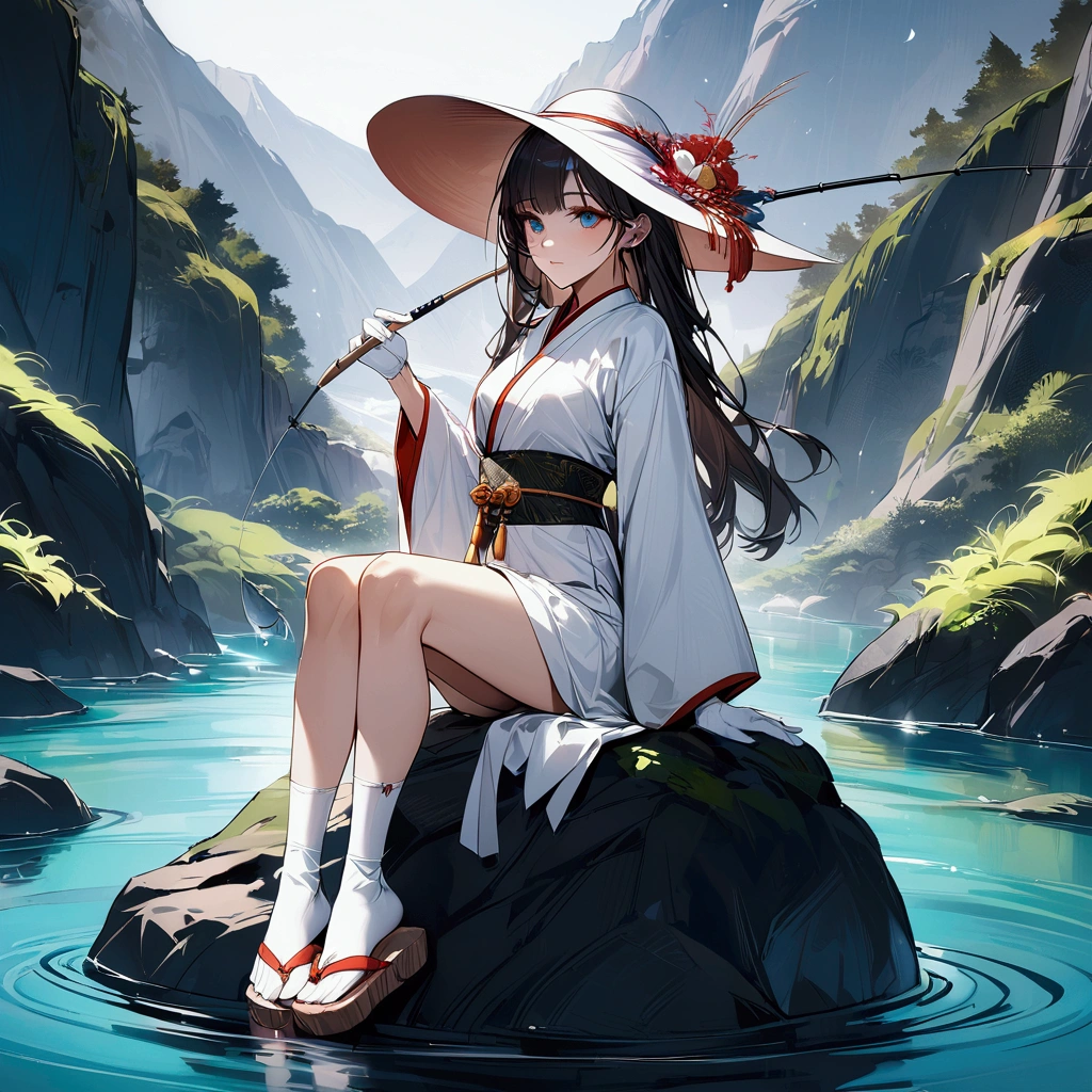 {{masterpiece}}, {{{Highest quality}}},{{Very detailed}},Woman sitting on a rock and fishing,A young Chinese-looking female hermit fishing deep in the mountains,White attire, miniskirt,WHITE glove,carefree expression,Chinese sandals,white socks,white hat,{{beautiful eyes ,high definition eyes,beautiful eyes}},Thick Kimono Belt