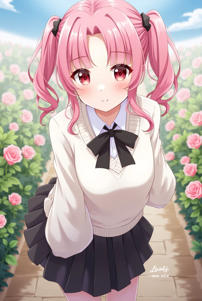 Anime Girl, Pretty Face, White long-sleeved sweater, Black bow tie, Black skirt, Pink Hair, Double ponytail hairstyle, Red Eyes, White skin, Black necklace, In the rose garden.
