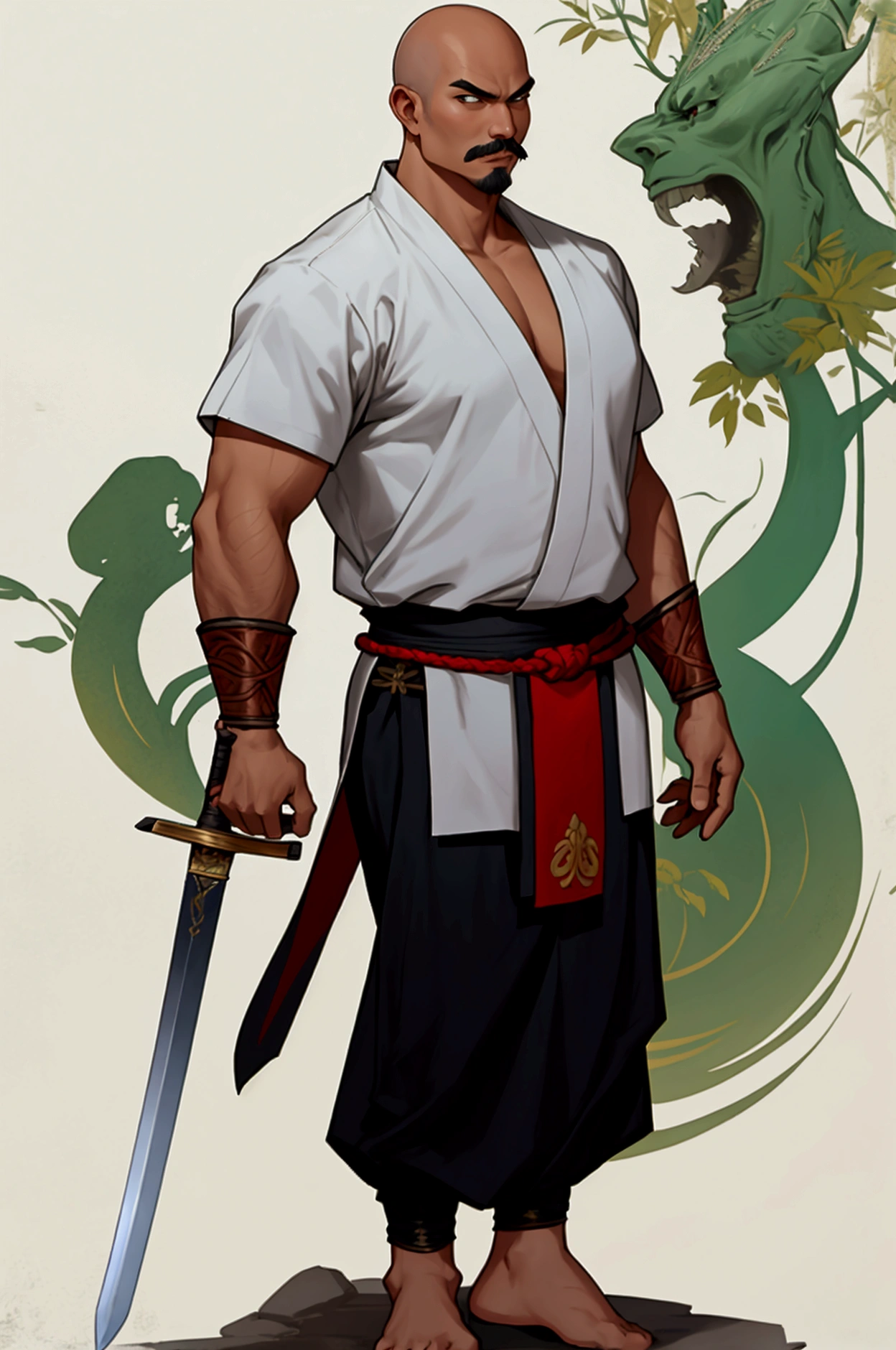 man,Bald head with hair on the sides,Not wearing a shirt,,No shoes while standing.Thai warrior costume, holding an assassin sword,Ayutthaya ,Ayutthaya period outfit,chubby,There is a slight mustache.
