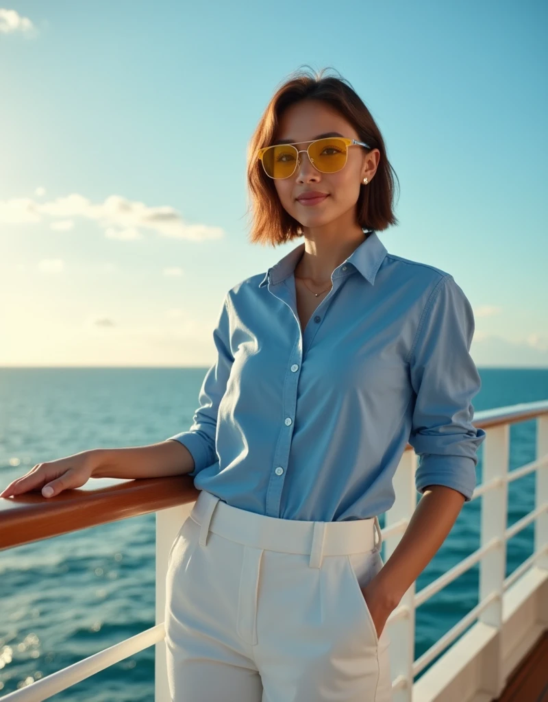 (((wide shot, full body, beautiful 35 year old desirable asian woman with distinguished features posing next to the railing on a cruise ship at sunrise))), ( yellow sunglasses stylish blue shirt, white pants, loafers), (light brown short hair, clean face, intriguing brown eyes), muscular build, medium height, seductive smile with a flirty smile, detailed depiction of facial features, perfectly symmetrical face, bright outdoor sunrise lighting masterfully accentuates her excellent features blue atmosphere 