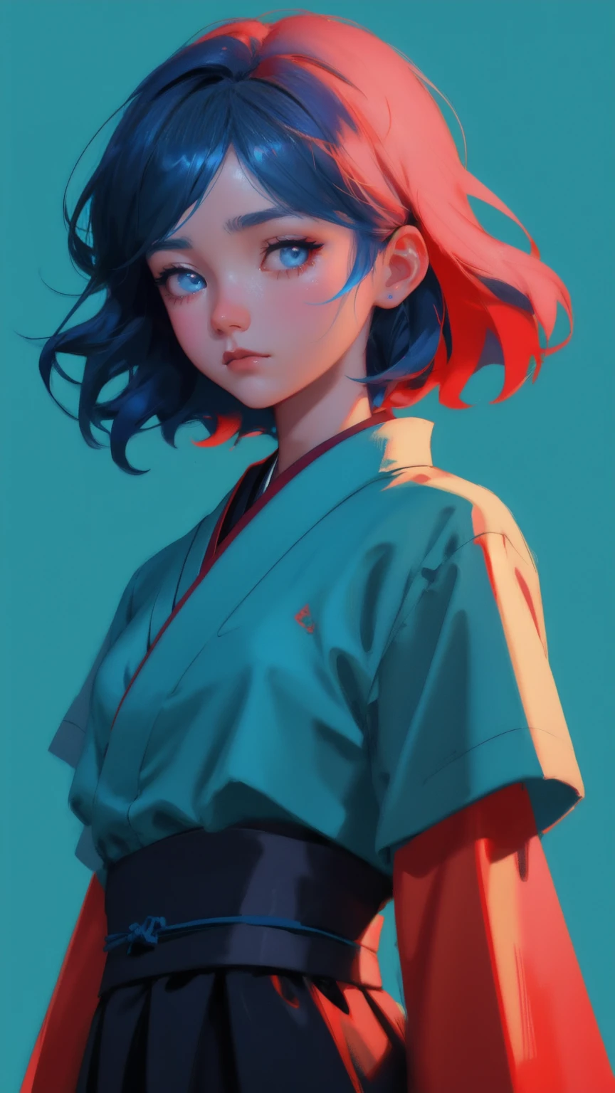 a beautiful Japanese girl with a blue hair and a red shirt,  looks worried and is being shaken up, symbolizing someone who is easily scared out of their investments.a digital painting inspired by Lois van Baarle, trending on cgsociety, shock art, 2 d illustration, 2d illustration, loish van baarle, emotional concept art, 2d digital illustration, 2d matte illustration, cartoon moody scene, childrens art in artstation, cartoon digital painting with blue background