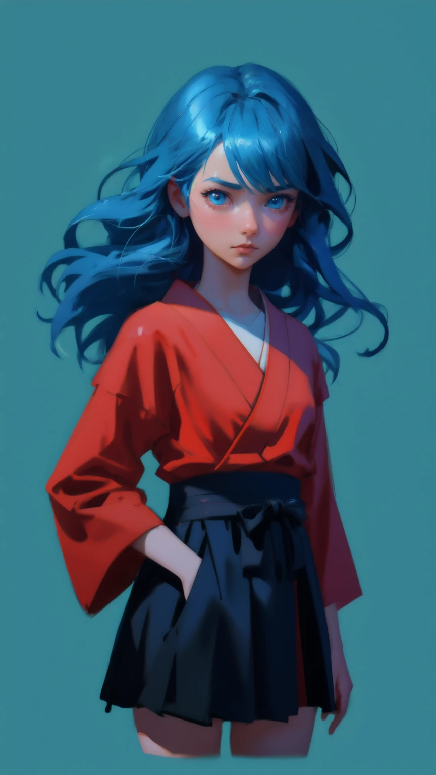 a beautiful Japanese girl with a blue hair and a red shirt, looks worried and is being shaken up, symbolizing someone who is easily scared out of their investments.a digital painting inspired by Lois van Baarle, trending on cgsociety, shock art, 2 d illustration, 2d illustration, loish van baarle, emotional concept art, 2d digital illustration, 2d matte illustration, cartoon moody scene, childrens art in artstation, cartoon digital painting with blue background