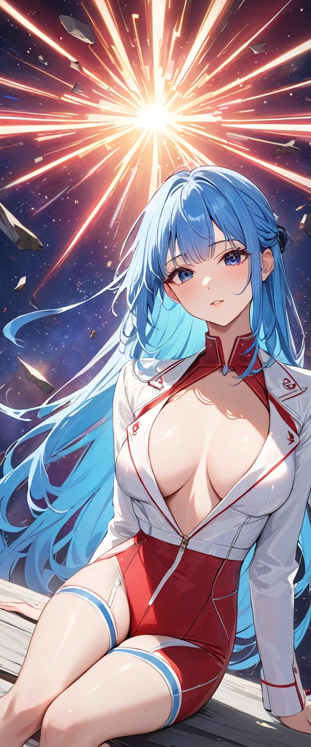 最high quality、Best image quality、masterpiece、 Girl((18-year-old、 By becoming、Best Bust、Medium Bust,Tea that opened my chest wide、black eye, Light blue hair、Red Mesh、Long Hair、thin,Highest valley、White Pitch Suit、Glowing red wings,Hunchback)),high quality、Beautiful art、background((universe))Flying debris、Written boundary depth、movie、Visual Arts、Perfect art、8k,Genuine