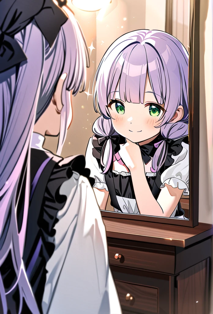 (watercolor:0.4), (pastel:0.4), (sketch:0.4) extremely detailed, 8k cg wallpaper, stunning art, absurdres, a cute child girl, , (pale purple hair,low-twintails,blunt bangs,green eyes), frilled gothic wear, short sleeves, BREAK light smile, The image of a girl reflected in the dressing table, smiling, with her hair tied in low twin tails, dressed as a black maid, and a black cat curled up in front of the mirror, (depth of field:1.3), from front,, (sparkles particles:1.1), bokeh,