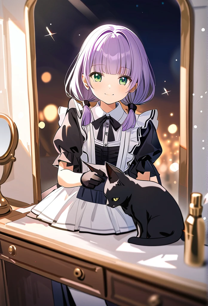 (watercolor:0.4), (pastel:0.4), (sketch:0.4) extremely detailed, 8k cg wallpaper, stunning art, absurdres, a cute child girl, 10yo, (pale purple hair,low-twintails,blunt bangs,green eyes), frilled gothic wear, short sleeves, BREAK light smile, The image of a girl reflected in the dressing table, smiling, with her hair tied in low twin tails, dressed as a black maid, and a black cat curled up in front of the mirror, (depth of field:1.3), from front,, (sparkles particles:1.1), bokeh,