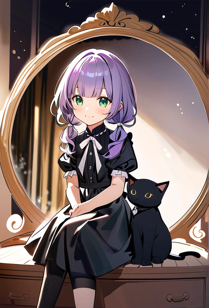 (watercolor:0.4), (pastel:0.4), (sketch:0.4) extremely detailed, 8k cg wallpaper, stunning art, absurdres, a cute child girl, , (pale purple hair,low-twintails,blunt bangs,green eyes), frilled gothic wear, short sleeves, BREAK light smile, The image of a girl reflected in the dressing table, smiling, with her hair tied in low twin tails, dressed as a black maid, and a black cat curled up in front of the mirror, (depth of field:1.3), from front,, (sparkles particles:1.1), bokeh,