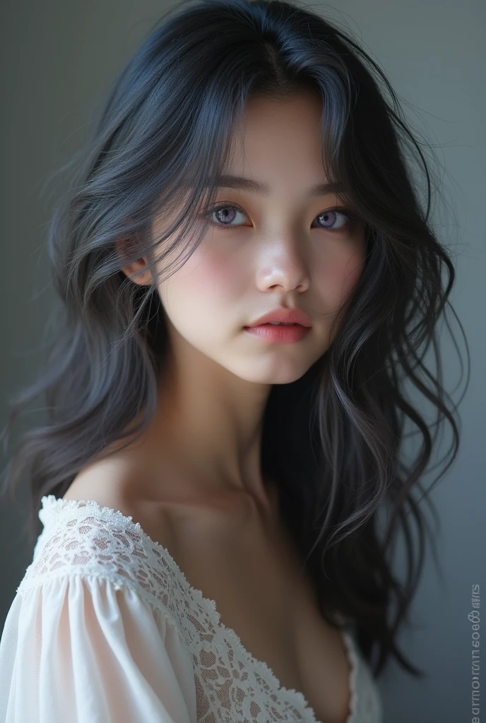 Create a beautiful girl with dark gray hair and lilac eyes. The image is fine, just make it a ager and a little more realistic.
