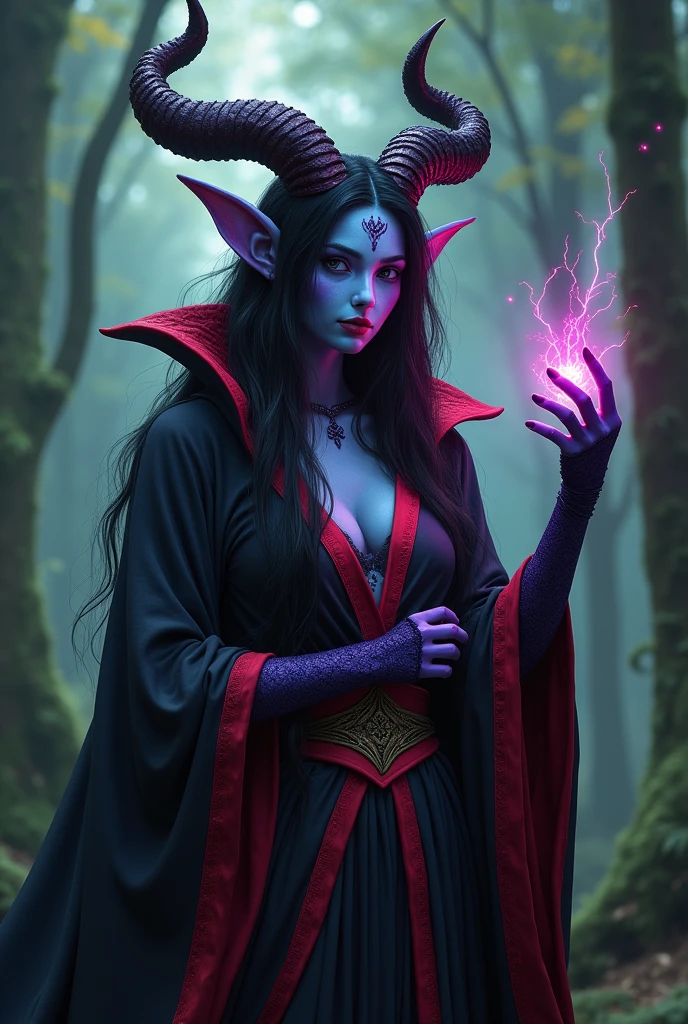 monster girl, very beautiful, wizard, black robe, red trim, long hair, horns, scales, blue and purple gradient skin, magic on finger, in the forest, fantasy, solo focus,epic, concept art, realistic, highly detailed, upper body, looking at viewer