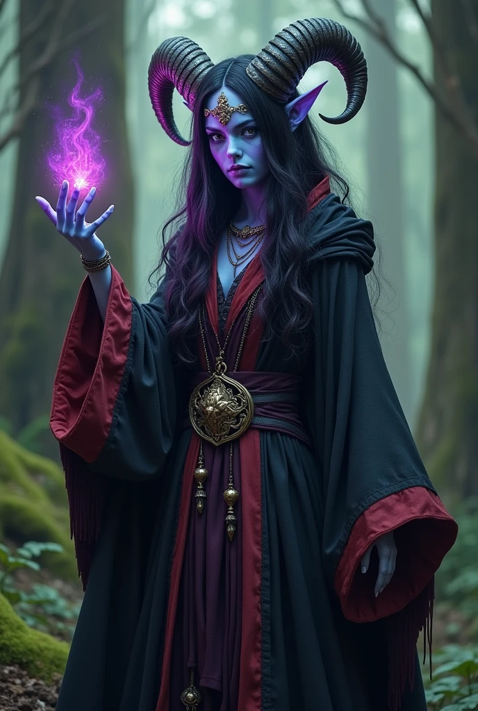 monster girl, very beautiful, wizard, black robe, red trim, long hair, horns, scales, blue and purple gradient skin, magic on finger, in the forest, fantasy, solo focus,epic, concept art, realistic, highly detailed, upper body, looking at viewer