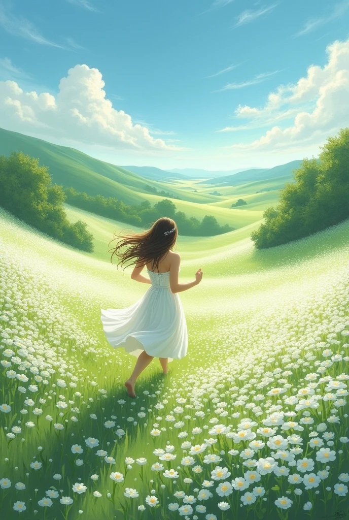 Lush landscape with a sea of white flowers。The atmosphere is very bright and calm.、A woman with long hair and a white dress is running in the middle.。. Painting from the sky to the landscape