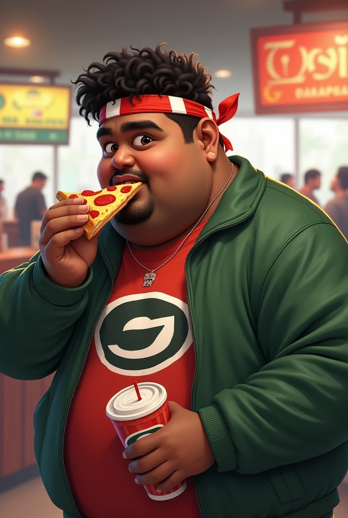 Realistic. Masterpiece. High detail. Real human One teenage .man Chubby India average 15 year old.. Big body. Body fat . Wear green red white long sleeve"G" Logo on shirt. Hairy hand. Wear head band red white. Hand holding face. Bulking. Hand holding pizza and smoothie cup. Background foodcourt