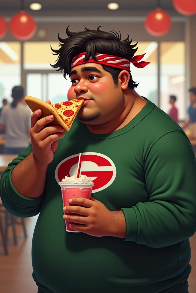 Realistic. Masterpiece. High detail. Real human One teenage .man Chubby India average 15 year old.. Big body. Body fat . Wear green red white long sleeve"G" Logo on shirt. Hairy hand. Wear head band red white. Hand holding face. Bulking. Hand holding pizza and smoothie cup. Background foodcourt