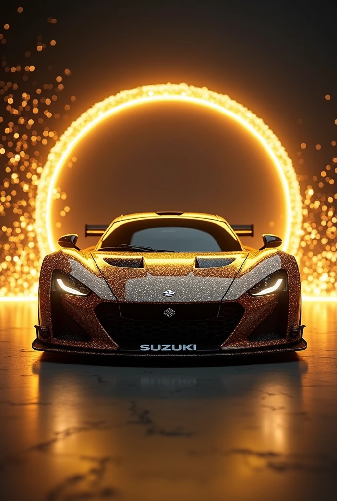Sports car with realistic glitter paint coming out of a stylish gold circular frame, with flashes of golden lights around, and the title “Suzuki” at the bottom