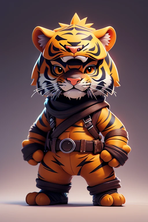 Create a picture of a little tiger monster., The image should be sharp and detailed, with beautiful colors. With arms, leg, eyes, mouth, พื้นหลังสีlegว