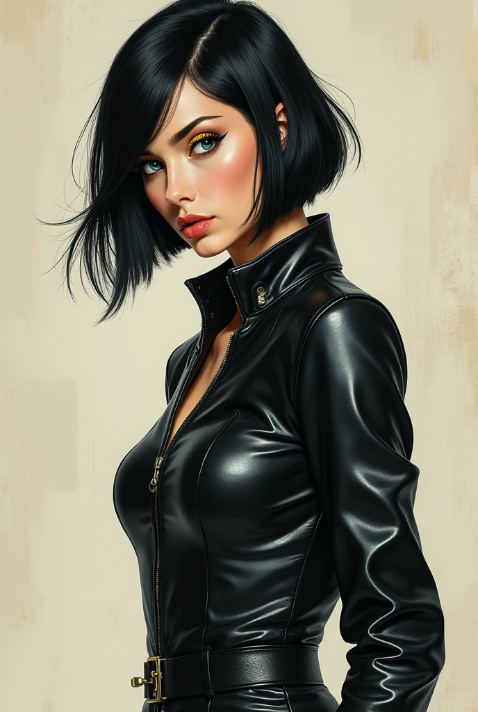 AGE: 2 Hair Color and Style: negro, Shoulder length bob cut Face: Triangular Height and Build: Tall and strong build Eye Color: Blue with yellow Clothes: Leather clothing for your Facial Expression and Posture practices: concentrated, upright posture foot color: Artistic Style Porcelain: real