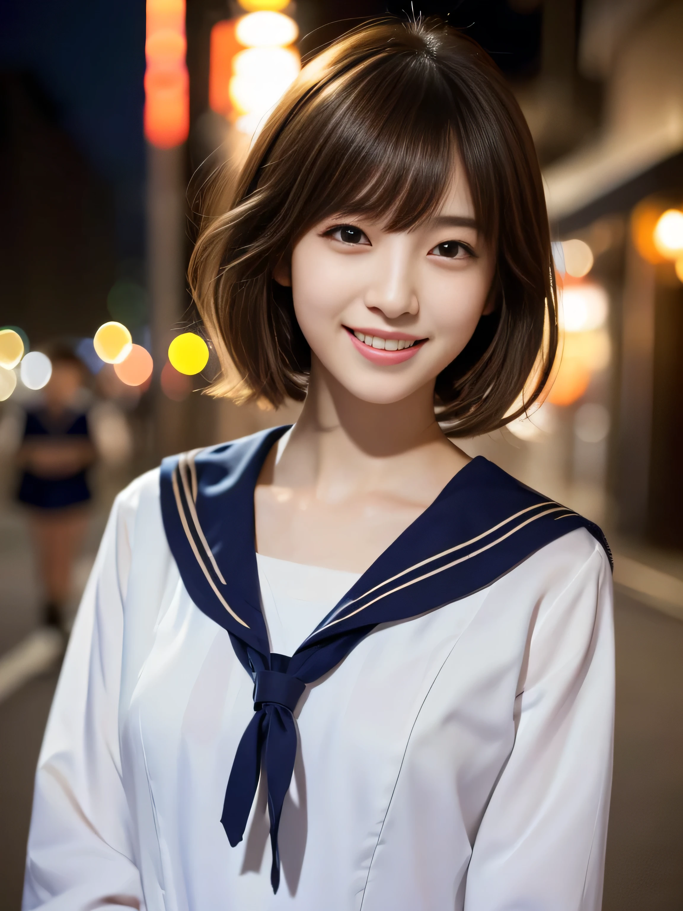 1 japanese idol,(a sailor suit:1.4),( (Raw photo, Best Quality), (Realistic, Photorealsitic:1.4), Shorthair, Slender face, masutepiece, extremely delicate and beautiful, Extremely detailed, 8k wallpaper, amazing, finely detail, extremely detailed CG Unity, hight resolution,Soft light, beautiful detail, age19, extremely detailed eye and face, beautiful detailed nose, Beautiful detailed eyes,Cinematic lighting,city light at night,Perfect Anatomy,Slender body,Smiling (hair messy, asymmetrical bangs, light brown hair,)