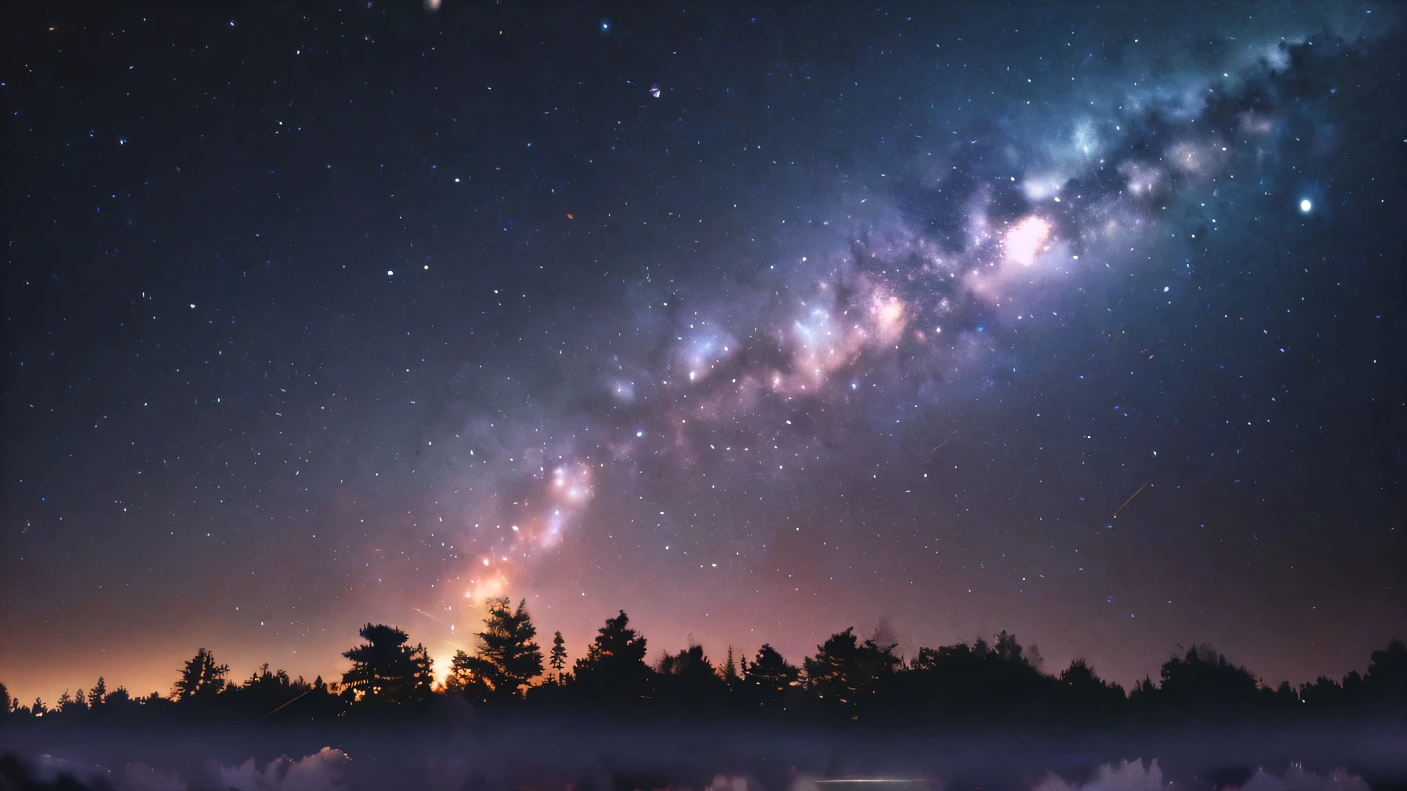 quality\(8k,Highly detailed CG unit wallpaper, masterpiece,High resolution,top-quality,top-quality real texture skin,surreal,Increase the resolution,RAW Photos,highest quality,Very detailed,wallpaper,Starry Sky,Night Sky,Milky Way,Night Sky seen from the forest,Shooting stars flow,No people,midnight,Forest in front