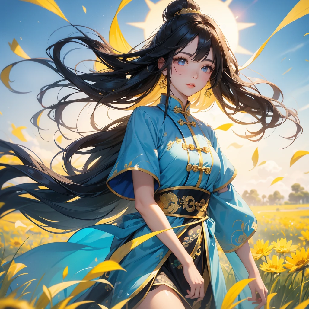 A beautiful girl with black long hair, wear blue ancient chinese clothes, Standing in the midst of a field of bright yellow gold fields , There are some floating clouds,, with the sun shining on her face, close up.