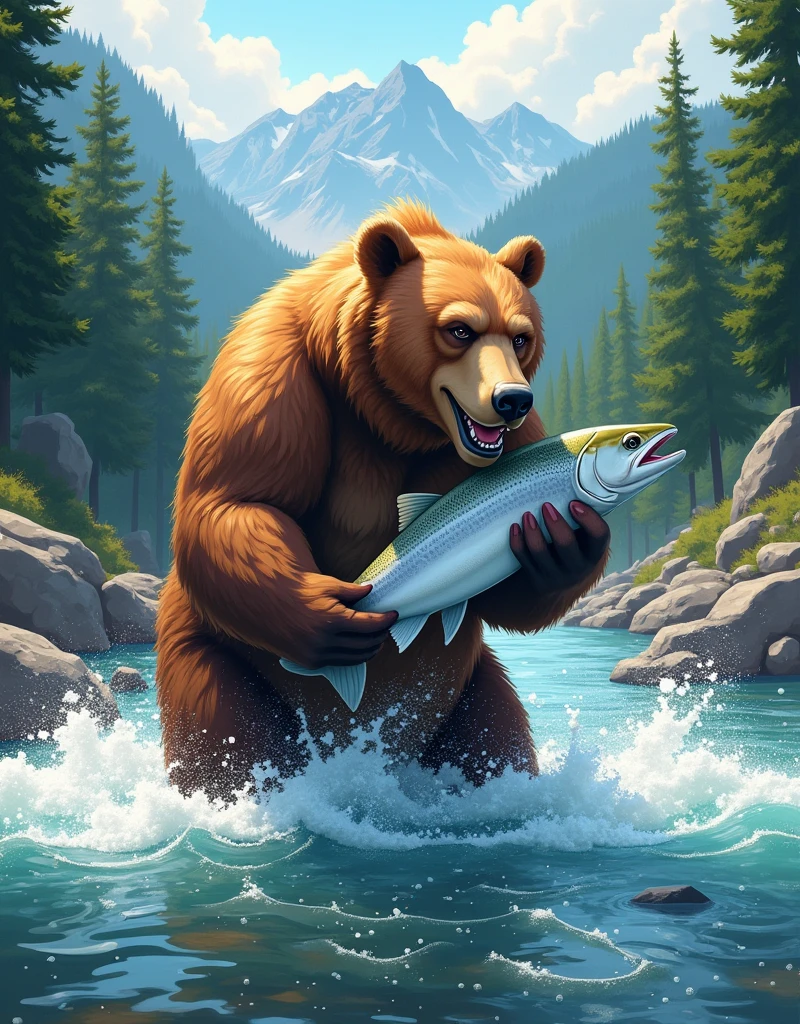 A powerful bear standing in a rushing river, catching a fish with its strong jaws. The water splashes around as the bear secures its catch, with the surrounding forest and mountains visible in the background. The scene is filled with the raw energy of nature, as sunlight filters through the trees, highlighting the bear's fur and the silvery scales of the fish. cel shading