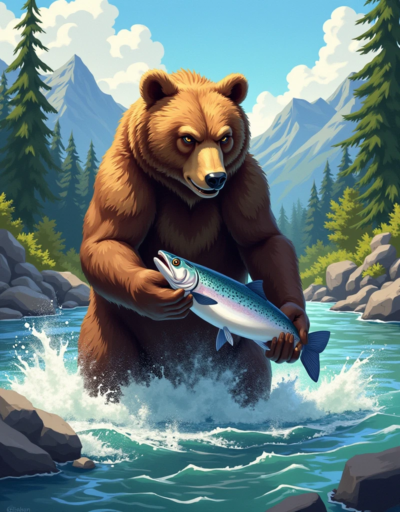 A powerful bear standing in a rushing river, catching a fish with its strong jaws. The water splashes around as the bear secures its catch, with the surrounding forest and mountains visible in the background. The scene is filled with the raw energy of nature, as sunlight filters through the trees, highlighting the bear's fur and the silvery scales of the fish. cel shading