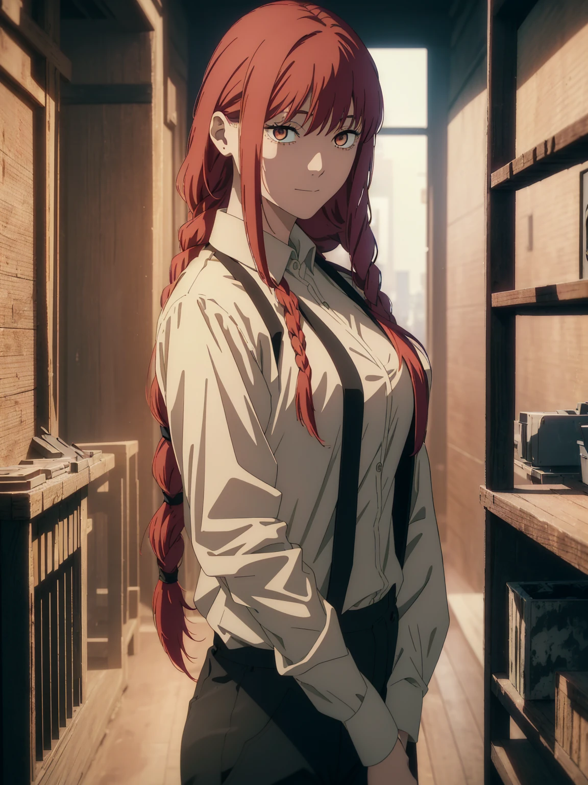 masterpiece,best quality, official art, extremely detailed CG unity 8k wallpaper, ((top quality, 8k, masterpiece: 1.3, ultra hd, high quality, best quality, high definition, ((realism)), sharp focus: 1.5,(Very detailed CG unity 8K wallpaper), Dark Cinematic Lighting, cinematic lighting, makima \(Chainsaw Man\), undress clothes, Medium Breast ,Red hair, Long braided red hair, Long black trousers, dark background, (on back), The best quality,
