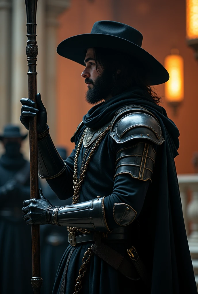 1boy, 2others, church, Highly detailed RAW color Photo, holding staff, holding, cowboy shot, black hair, gloves, hat, hood, cape, from side, profile, makeup, chain, pale skin, robe, pillar,
shoulder armor, gauntlets, pauldrons, mask, dark, full armor, all black armor, black cloak, occult, dark theme, black theme, jewelry, dark, elegant, royal, headpiece, robot, mechanical arm, sci fi, cyborg, robotic circuits, glowing fiber optic cables,
glistening, glowing, dark lighting, dof, depth of field, realistic, dark background, light partials, CINE, fire embers, low-key,