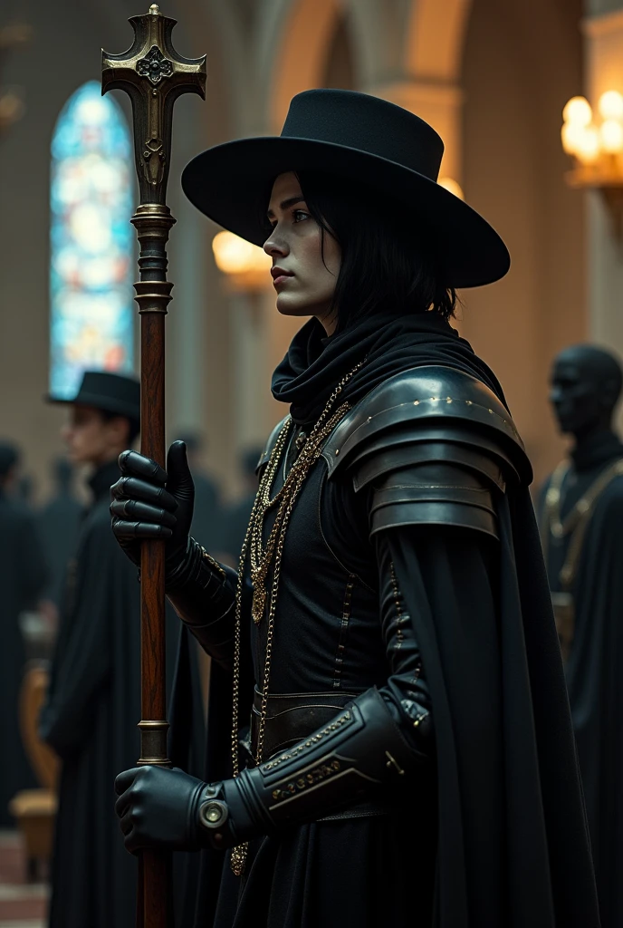 1boy, 2others, church, Highly detailed RAW color Photo, holding staff, holding, cowboy shot, black hair, gloves, hat, hood, cape, from side, profile, makeup, chain, pale skin, robe, pillar,
shoulder armor, gauntlets, pauldrons, mask, dark, full armor, all black armor, black cloak, occult, dark theme, black theme, jewelry, dark, elegant, royal, headpiece, robot, mechanical arm, sci fi, cyborg, robotic circuits, glowing fiber optic cables,
glistening, glowing, dark lighting, dof, depth of field, realistic, dark background, light partials, CINE, fire embers, low-key,