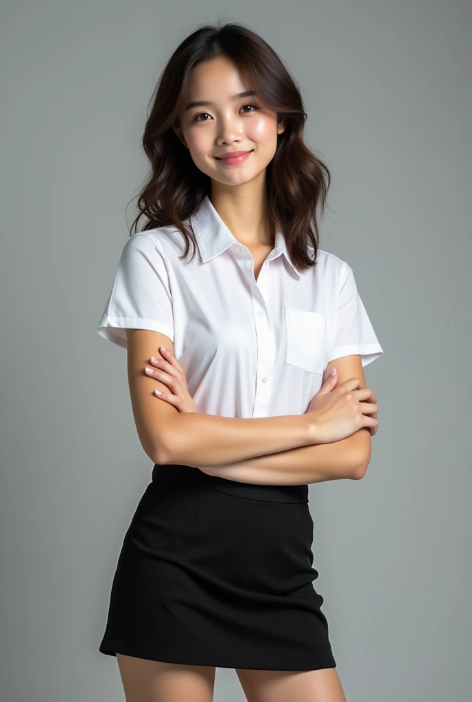 Thai girl beautiful she has dimples Hair style Shoulder length twinkle in her eyes gently her Confident wearing a white short-sleeved shirt, a black short skirt, standing and posing in studio Three-Point Lighting high resolution