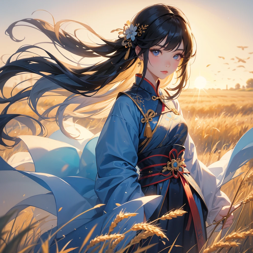 A beautiful girl with black long hair, wear blue ancient chinese clothes, Standing in the middle of a wheat field , There are some floating clouds, with the sun shining on her face, close up.