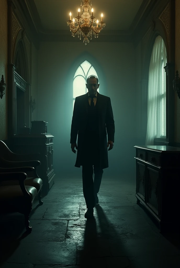 Prompt: Mr. Roy moving through the mansion, reacting to various sounds—footsteps echoing behind him, a gentle knock on a window, all contributing to an increasing sense of suspense.