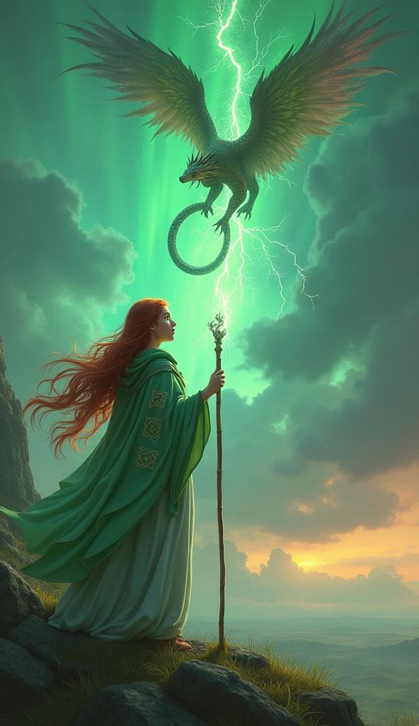 In a vast, mystical landscape where the sky shimmers with the colors of the evening aurora, the graceful summoner Seraphina stands with unwavering resolve. Her long, flowing red hair cascades from beneath a green hood, and her piercing green eyes gleam with determination. Her elegant robe, crafted from pale green cloth adorned with magical symbols on the sleeves, flutters gently in the breeze. In her hand, a staff faintly glows with mystical energy. As Seraphina raises her staff, the sky above darkens and crackles with energy.

With a commanding gesture, she summons Quetzalcoatl, a majestic, serpent-like being with vibrant, feathered wings that descends from the stormy clouds above. Its long, coiling body weaves through the vertical space, filling the air with an ominous energy. Quetzalcoatl, the storm bringer, prepares to unleash Thunder Storm, an overwhelming electrical attack that electrifies the battlefield from top to bottom. Bolts of lightning crackle and strike, leaving the enemies stunned and paralyzed, the sheer power of the storm bringing devastation to all who stand against Seraphina.